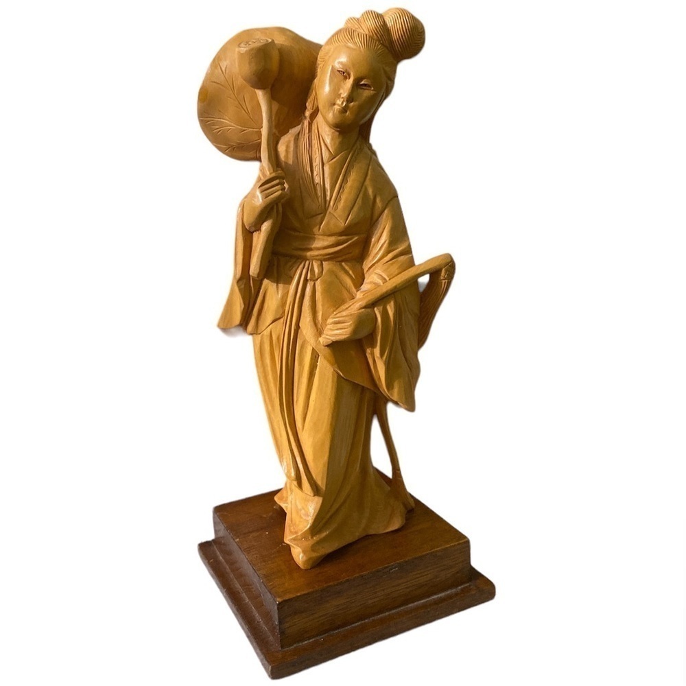 Vintage Hand Carved Boxwood 9” Wood Figurine Asian Woman on Square Platform #17